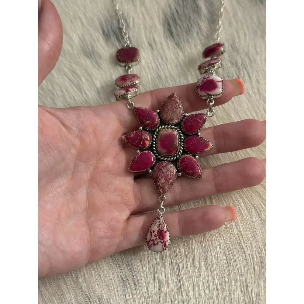 Native American SW Sterling Silver Pink Red Jasper Huge Cluster Necklace Lariat